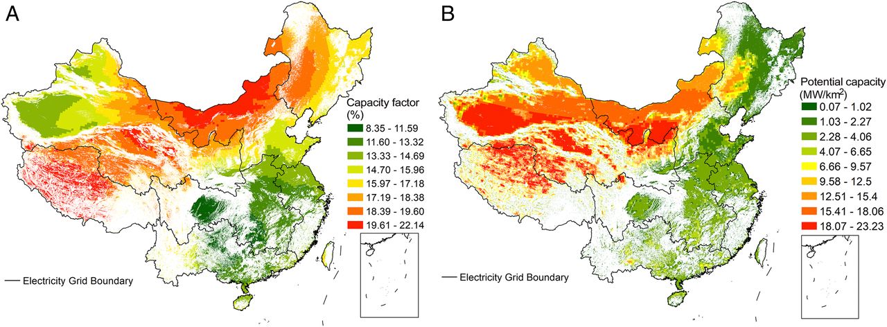20211012-AG（中国）AG·官方网页版环境学院、碳中和研究院、哈佛大学等联合团队系统解析我国太阳能发电平价路径与并网潜力-鲁玺-图1 光伏发电容量因子（A）及装机潜力（B）分布.jpg